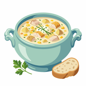 A delicious bowl of chicken and corn chowder is beautifully presented, accompanied by a slice of bread and garnished with fresh chives, ideal for food and dining visuals.