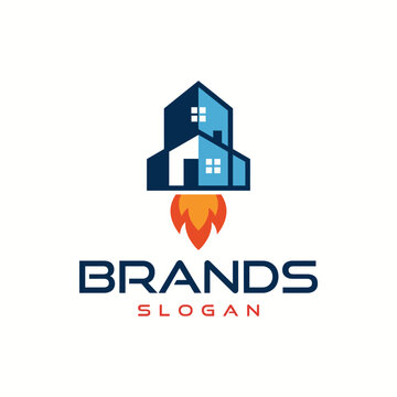This branding image illustrates a unique house logo with a rocket, symbolizing growth and innovation in real estate and home services, essential for modern branding solutions.