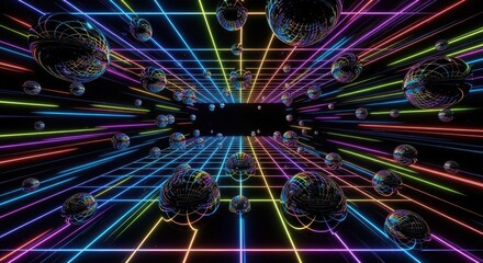 Fototapeta premium Fluorescent grid tunnel recedes into darkness surrounded by reflective orbs