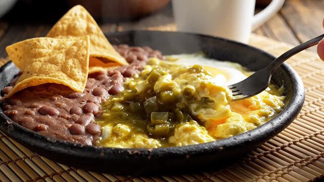 Mexican breakfast with eggs, beans, salsa, and tortilla chips