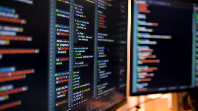Close up computer monitors displaying fictional programming code and software development interface, technology workspace concept