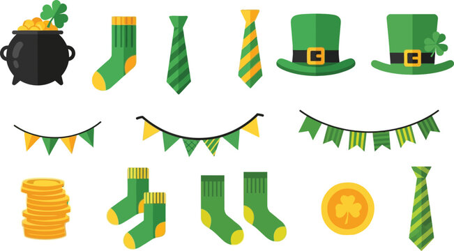 St patrick's day vector bundle shamrock leprechaun hat pot of gold illustrations
