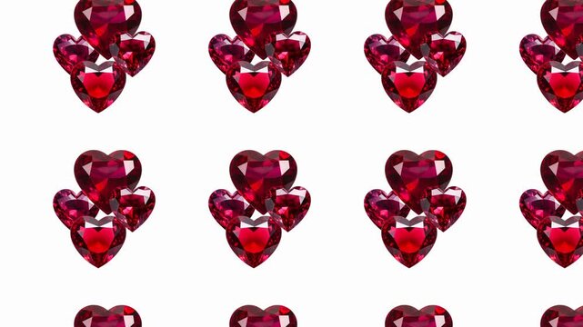 A mesmerizing loop of glossy ruby heart-shaped gemstones falling and sparkling on a white background. Perfect for romantic, luxury, or celebration themes.