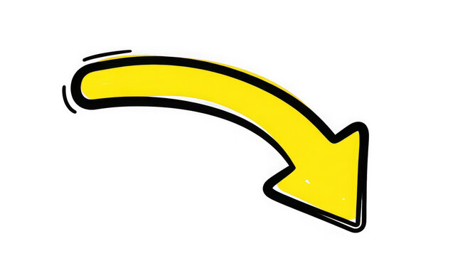 Hand drawn cartoon curved arrow pointing to right side  yellow and black transparent background