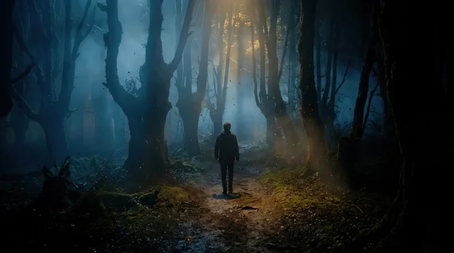Silhouette Walking Deep Into A Dark Foggy Enchanted Forest