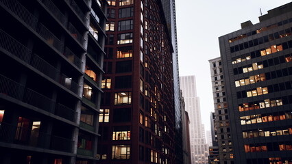 Obraz premium twilight financial corridor with illuminated offices urban street lined with glass facades and glowing windows, rainslick pavement mirroring office lights,