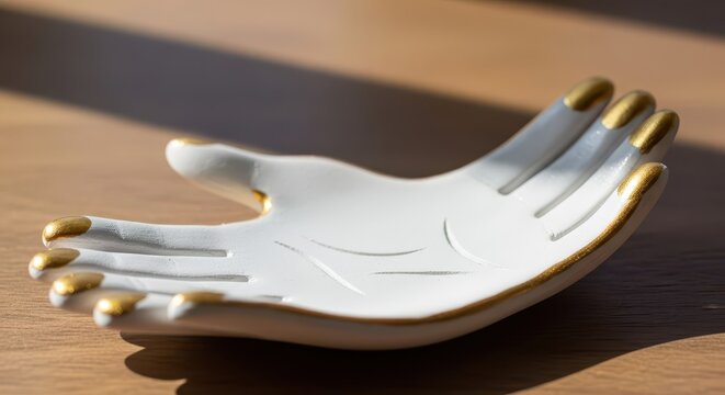 Ceramic trinket dish shaped like an open palm with gilded fingertips rests on a wooden surface under natural light.