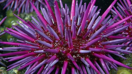 Vibrant Purple Sea Urchin Spines Underwater Macro Shot.