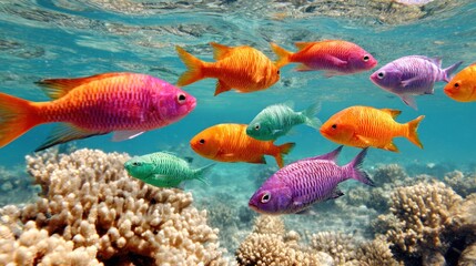 Fototapeta premium Vibrant School of Colorful Fish Swimming Near Coral Reefs in Clear Ocean Water.