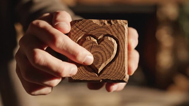 Hands holding carved wooden block with rustic heart shape