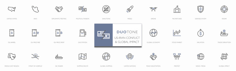 Duotone modern minimalist line icon set about US – Iran conflict and global impact. Editable stroke vector icons covering diplomacy, sanctions, military, oil market, global economy, trade disruption