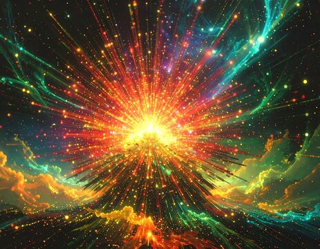 Exploding volcano in vibrant cosmic landscape
