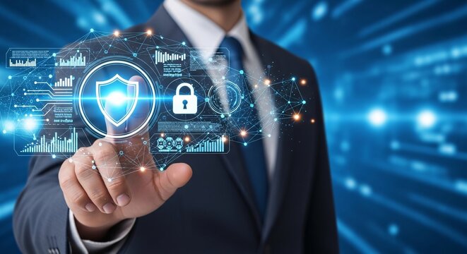 Hand touching a high-tech security interface with glowing padlock and shield symbols, representing secure access and information privacy.