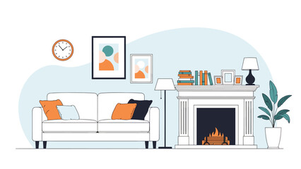 Naklejka premium Inviting living room interior with a white sofa, fireplace, bookshelves, and modern decor, creating a cozy and stylish home atmosphere.