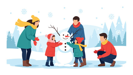 Fototapeta premium Happy family, including parents and three children, joyfully collaborating to build a snowman in a beautiful snowy winter landscape, symbolizing festive fun.