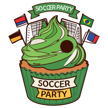 Soccer Party Cupcake with World Flags and Goals. Sports themed cupcake with green grass-like frosting, soccer goal nets, and international flags (Germany, Brazil, etc.). Perfect for football champions