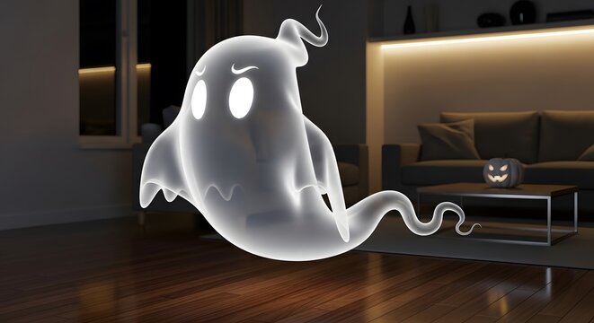 A ghostly figure floating in a dimly lit modern living room