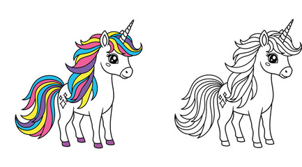 Cute cartoon unicorn vector illustration, colorful rainbow mane and black and white outline contour for kids coloring book page © MstTabassum