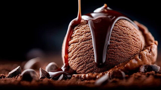 Decadent chocolate ice cream delight melting under rich syrup at a dessert paradise