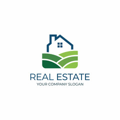 This logo represents a house above green landscapes, ideal for a real estate brand emphasizing growth, community, and ecological awareness in property and living solutions.