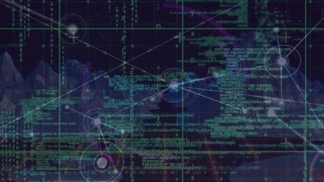 Animation of data processing and digital mountains over blue background