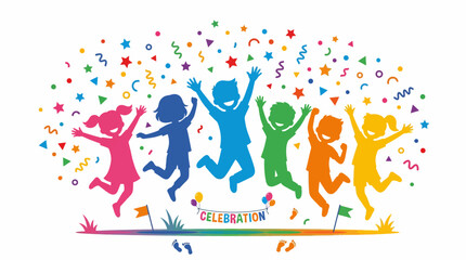 Colorful people jumping in celebration together.