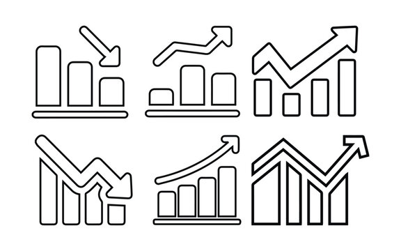 Business growing graph icon set profit increase decrease arrow up down.  Business graphs and charts icons. Statistics and analytics vector icon.