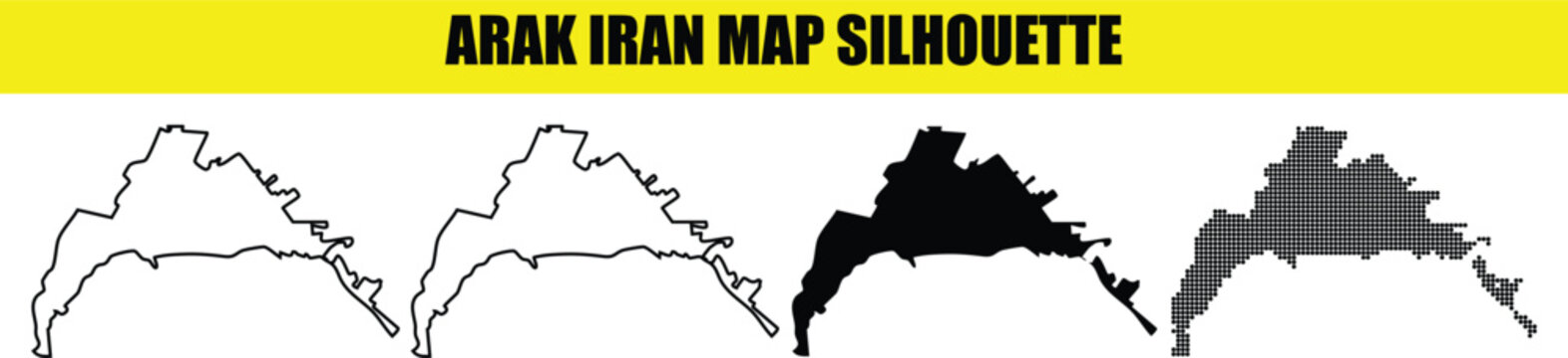 Arak iran map silhouette vector set showing detailed urban boundaries in solid black line art and halftone dot patterns
