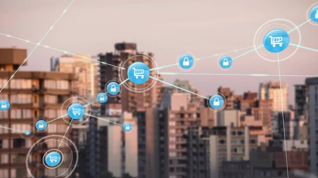 Animation of network of profile icons against aerial view of tall buildings