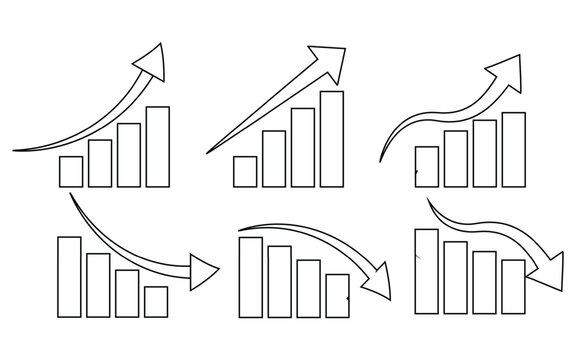 Business growing graph icon set profit increase decrease arrow up down.  Business graphs and charts icons. Statistics and analytics vector icon.