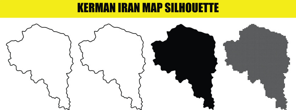 Kerman iran map silhouette pack with multiple graphic styles such as solid fills outlined borders and digital dot grids