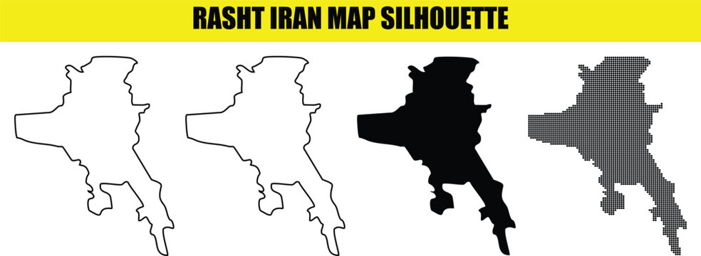 Rasht iran map silhouette designs displaying geographical borders in thin line solid black and halftone dot variations