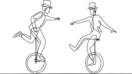 Two elegant men in top hats balancing on unicycles isolated on white background © Mobasshara