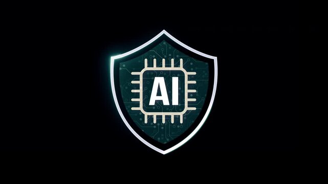 Glowing AI chip inside security shield icon on black background, artificial intelligence protection and cybersecurity concept technology video overlay