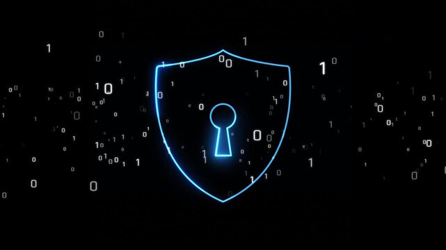 Glowing cyber security shield with keyhole and floating binary numbers, digital data protection and cybersecurity technology concept animation