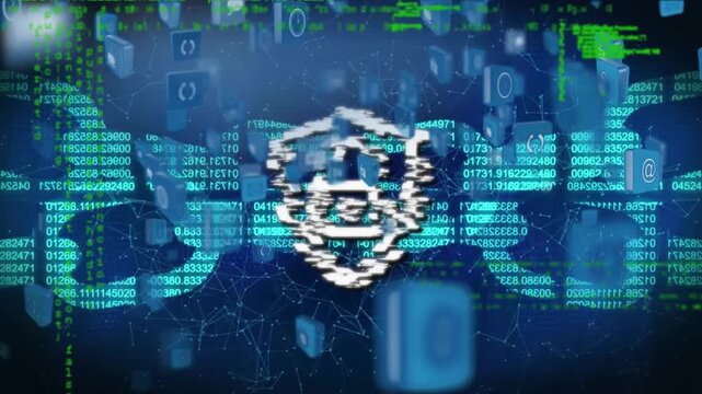 Animation of padlock in shield, computer language, changing numbers blockchain, connected dots