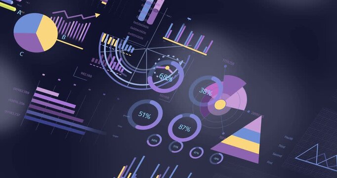 Animation of graphs, changing numbers, loading circles and bars over black background
