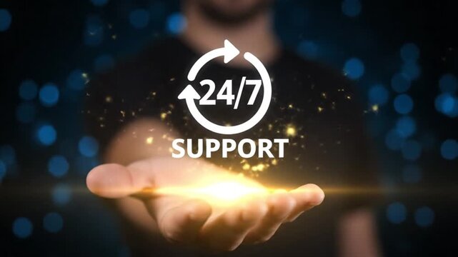 Customer support representative holding glowing 24/7 service icon over hand, tech assistance concept, round the clock help, digital helpdesk background