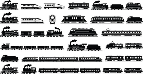 Train silhouette collection, steam locomotive, modern high speed rail, passenger car outline, freight transport design, railway illustration, black figure © Fenshi