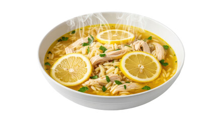 Chicken orzo soup with lemon slices isolated on transparent background