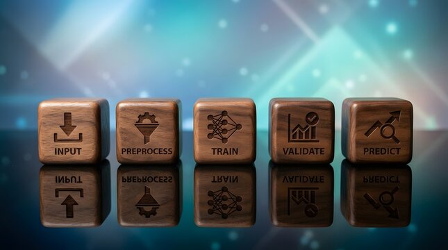 3D render of business workflow process stages using wooden cubes on a glossy reflective surface with dynamic blue gradient lighting for professional presentations.