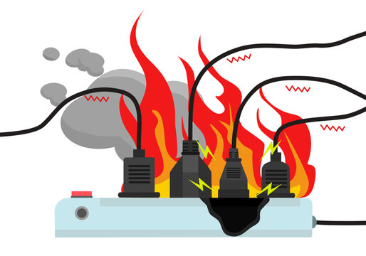 Socket and light the fire from overload, electrical cable series with fire, smoke, sparks, short circuit