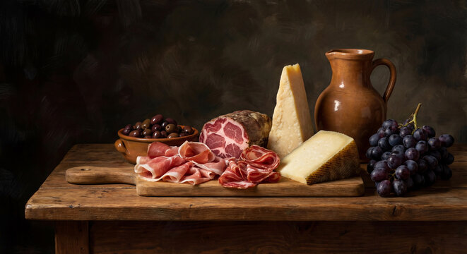 Rustic Italian trattoria still life with assorted cured meats, aged cheese, black olives, red grapes, and ceramic jug on wooden table