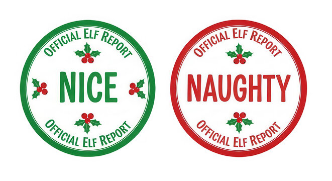 Two round stamps with the words nice and naughty in the center isolated on transparent background