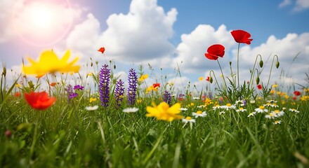 A vibrant meadow filled with wildflowers swaying gently in the breeze on a sunny day with blue sky and fluffy clouds.
