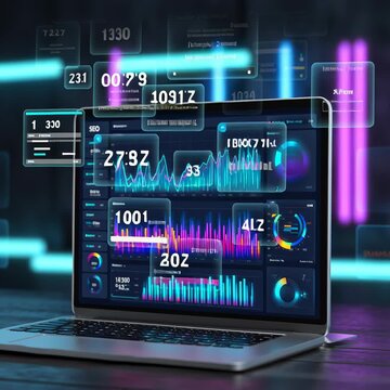 Analyzing website performance and SEO metrics on a laptop in a modern workspace at night
