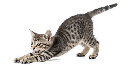 Obraz premium Cute Bengal kitten stretching on a white background