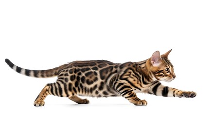 Graceful Bengal cat in dynamic stride across a clean white background, showcasing its agility
