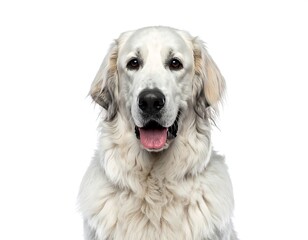 Obraz premium White-furred dog, centered portrait view, with dark nose and dark eyes, mouth slightly open, tongue visible