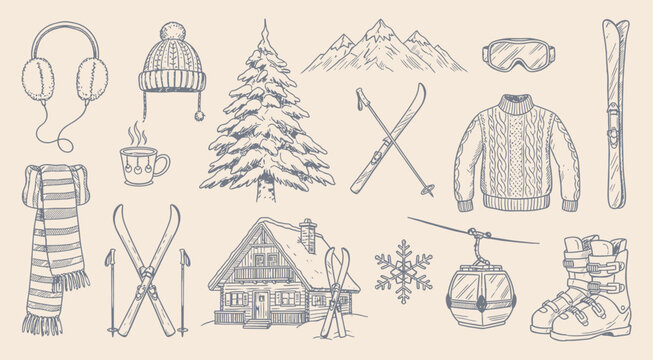Hand drawn doodle ski essentials collection. Hand drawn doodle ski essentials collection. Winter activities